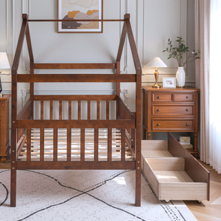 Sunvega Twin Size Wooden House Bed with Two Drawers and Headboard in White