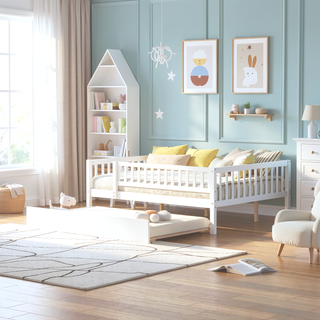 Sunvega Natural Twin Size Wood Daybed with Trundle and Fence Guardrails