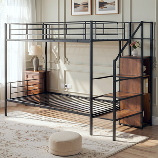 Sunvega Twin Over Twin Metal Bunk Bed with Lateral Ladder and Wardrobe in White