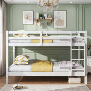Sunvega Twin over Twin Solid Wooden Bunk Bed with Ladder and Strengthened Slats