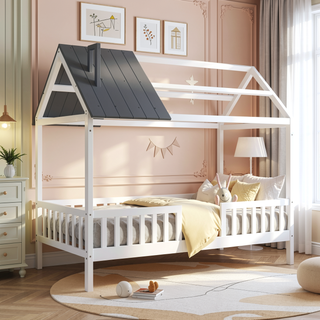 Sunvega White Twin Size Wood House Playhouse Bed with Fence for Kids Room