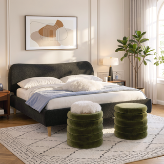 Sunvega King Upholstered Platform Bed with Curved Headboard in Oatmeal Chenille