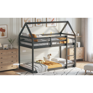 Sunvega Rubber Wood Twin over Twin Bunk Bed with Ladder and Guardrails