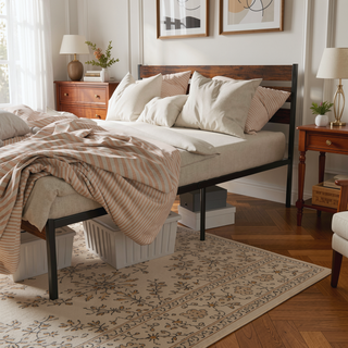 Sunvega Queen Size Rustic Wood Headboard and Footboard Iron Platform Bed Frame