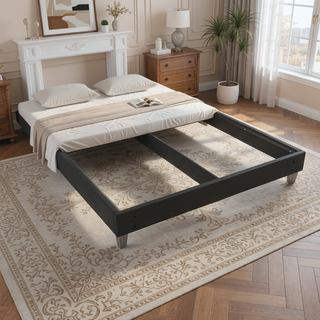 Sunvega Easy Assembly Modern Faux-Wood Legs Fabric Covered Twin Bed Frame