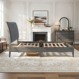 Sunvega Modern Velvet Upholstered Queen Platform Bed with Gray Wood Legs