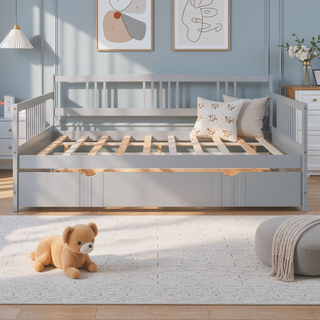 Sunvega Full Size Daybed with Twin Trundle Solid Wood Frame for Living Room