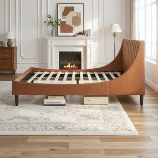 Sunvega Handmade Vertical Tufted Headboard Platform Bed Set in Light Beige Linen