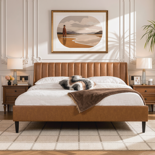Sunvega Handmade Vertical Tufted Headboard Platform Bed Set in Light Beige Linen