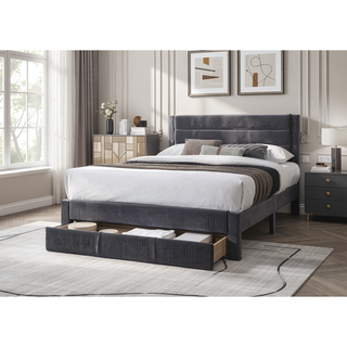 Sunvega Queen Size Bed with Storage Drawer and Charcoal Corduroy Headboard