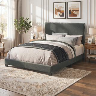 Sunvega Guyancourt Charcoal Upholstered Eastern King Panel Bed with Nailhead Trim