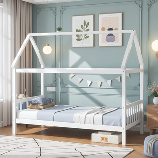 Sunvega Twin Rubber Wood House Bed with Headboard and Footboard in Light Grey