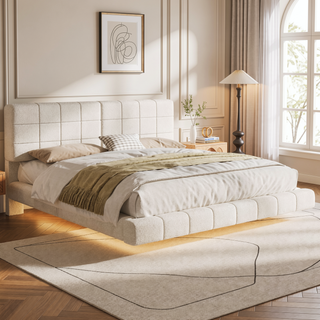 Sunvega King Boucle Floating Bed with Lights and Anti-Collision Corners