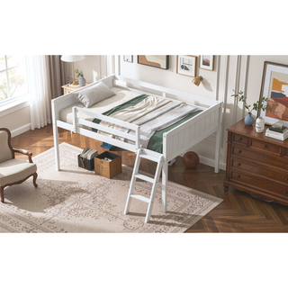Sunvega White Full Size Low Loft Wood Bed with Convertible Left or Right Ladder