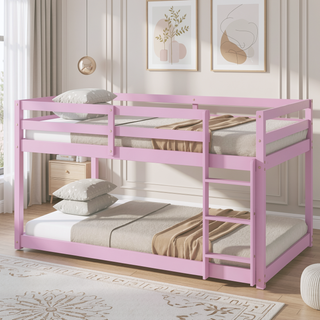 Sunvega Twin over Twin Floor Bunk Bed with Ladder and Strengthened Slats in Espresso