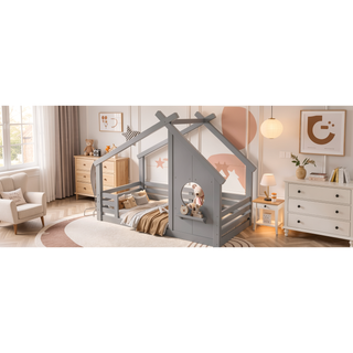 Sunvega White Twin House Floor Bed with Window and Shelf for Kids Room