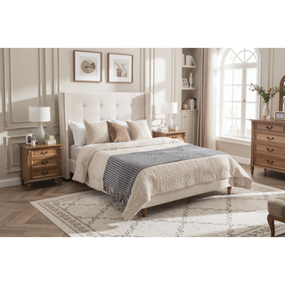 Sunvega Blue Velvet King Bed with Nailhead Trim Wingback and Buttoned Tufting