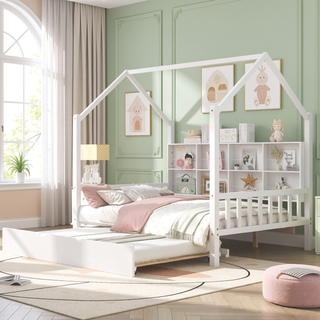 Sunvega Wooden Twin Size House Bed with Trundle and Playhouse Design Shelf