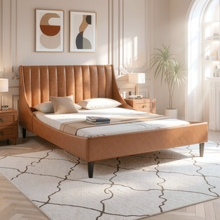 Sunvega Handmade Vertical Tufted Headboard Platform Bed Set in Light Beige Linen