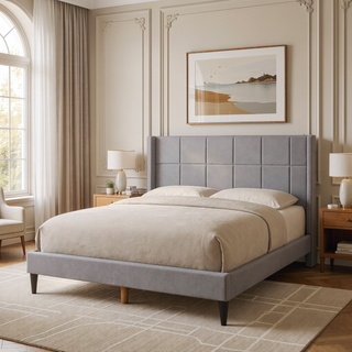Sunvega Modern Minimalist Linen Upholstered Wingback Bed with Panel-Tufted Headboard
