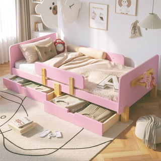 Sunvega Twin Size Solid Wood Platform Bed with Storage Drawers and Guardrail