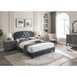 Sunvega Queen Size Charcoal Burlap Button Tufted Headboard Bed with Nailhead Trim