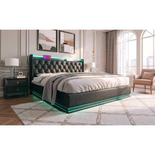Sunvega Full Size Upholstered Bed with 360 LED Lighting Hydraulic Storage and USB Charging