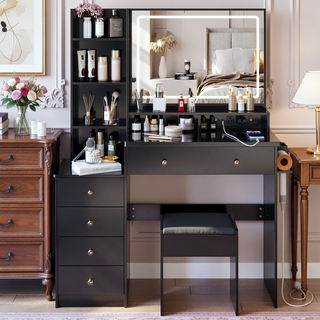 Sunvega 41 Inch Large Size Left Bedside Cabinet Vanity Table with Cushioned Stool