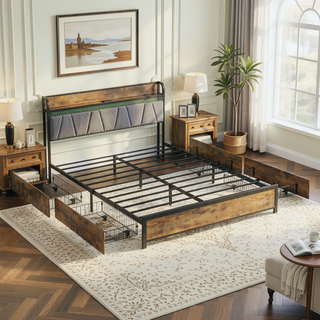 Sunvega Queen Bed Frame with Storage Headboard USB Outlets LED Lights and 4 Drawers