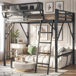 Sunvega Full Metal Loft Bed with Storage Shelf and Ladder for Kids Teens