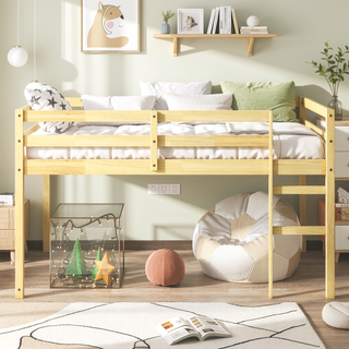 Sunvega Espresso Rubber Wood Low Height Loft Bed with Ladder for Bedroom