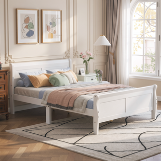 Sunvega Classic White Oak Queen Platform Bed with Headboard and Wood Slat Support