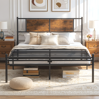 Sunvega Twin Size Metal Bed Frame with Wood Panel Headboard and Under Storage