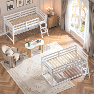 Sunvega Solid Wood Low Loft Bed with LED Lighting Converts to Twin Bunk Bed