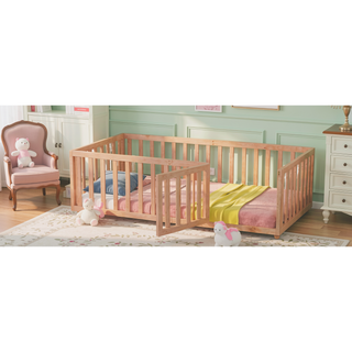 Sunvega Twin Size Wood Floor Bed Frame with Fence and Door in Walnut Finish