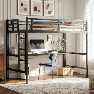 Sunvega Metal Twin XL Loft Bed with Desk, USB, LED Light, and Power Outlet