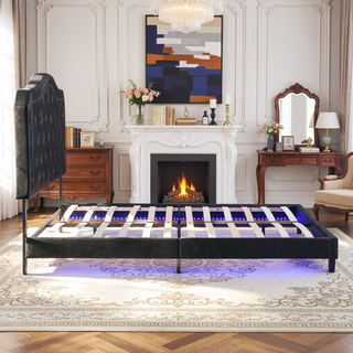 Sunvega Black Velvet Queen Upholstered Bed with Button Tufted Curve Design and LED Lights
