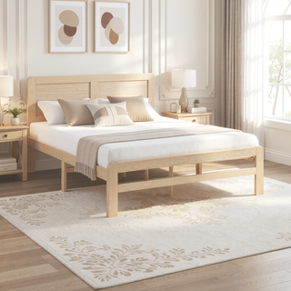 Sunvega Contemporary Natural Finish Full Size Platform Bed Frame with Headboard