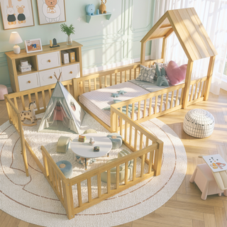 Sunvega Full Size House Floor Bed with Door and Full-Length Guardrails for Kids