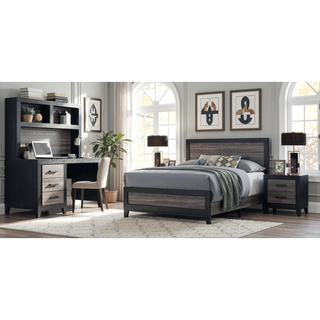 Sunvega Two-Tone Dark Gray and Black Queen Size Bed with Wood Inlay