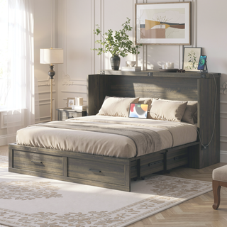 Sunvega Queen Size Murphy Cabinet Bed with Charging Station and Storage Drawer