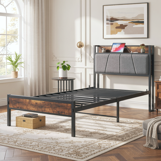 Sunvega Full Size Bed Frame with Storage Headboard and Charging Station Outlets
