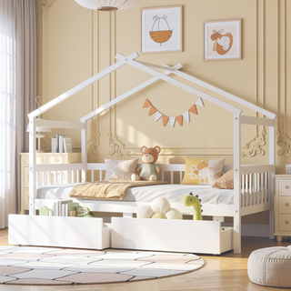Sunvega Twin Size Wooden House Bed with Drawers and Headboard for Kids Room