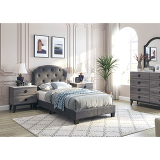 Sunvega Queen Size Charcoal Burlap Button Tufted Headboard Bed with Nailhead Trim