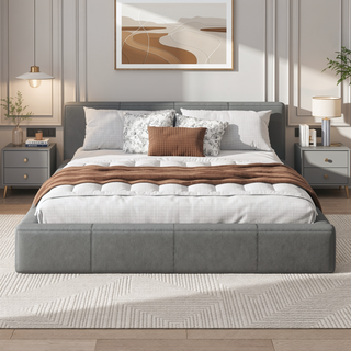 Sunvega Stylish Gray Upholstered King Bed with Faux Leather and Wood Frame
