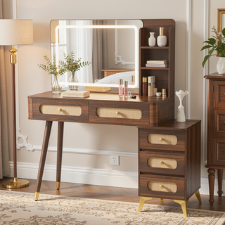 Sunvega Vintage Rattan Makeup Vanity with Mirror Lights and 5 Drawers