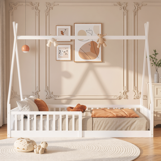 Sunvega White Distressed Washed Wood House Bed with Fence for Kids Twin Size