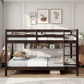 Sunvega Twin over Twin Solid Wooden Bunk Bed with Ladder and Strengthened Slats