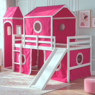 Sunvega Sturdy Pink Twin Size Loft Bed with Slide Tower and Playhouse Design