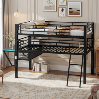 Sunvega Gaming Mid Loft Bed with Desk, LED Lights, Twin Size in Black